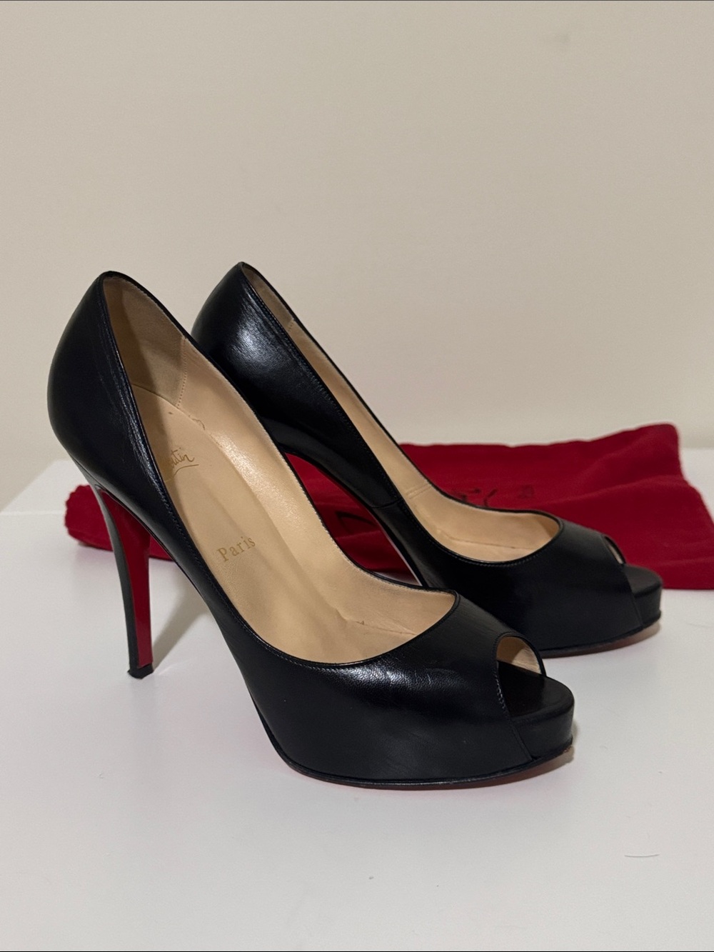 Christian Louboutin Black Leather Peep-Toe Shoes
